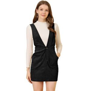 Women's Corduroy Overall Pinafore Dress Strap Suspender Skirt Black